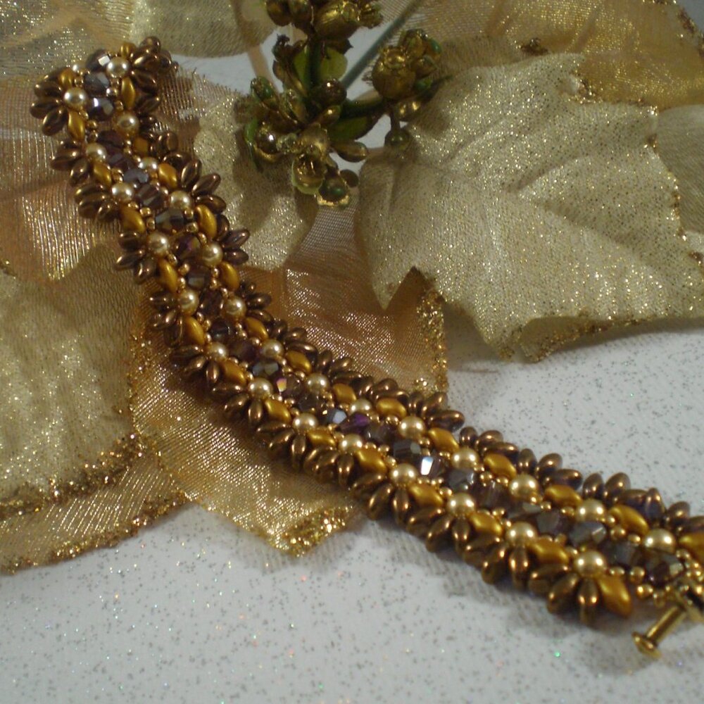 Golden Ruffle Bracelet; Hand Beaded, Couture Bracelet, Ruffle Bracelet - Picture 2 of 4